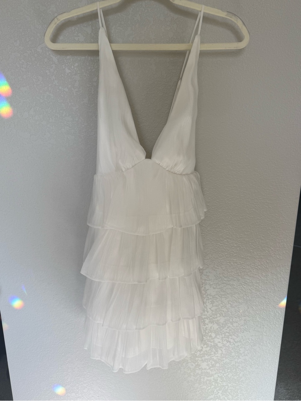 Lulu's White Tiered Ruffle Slip Mini Dress w/ Plunge Neckline & Strappy Back